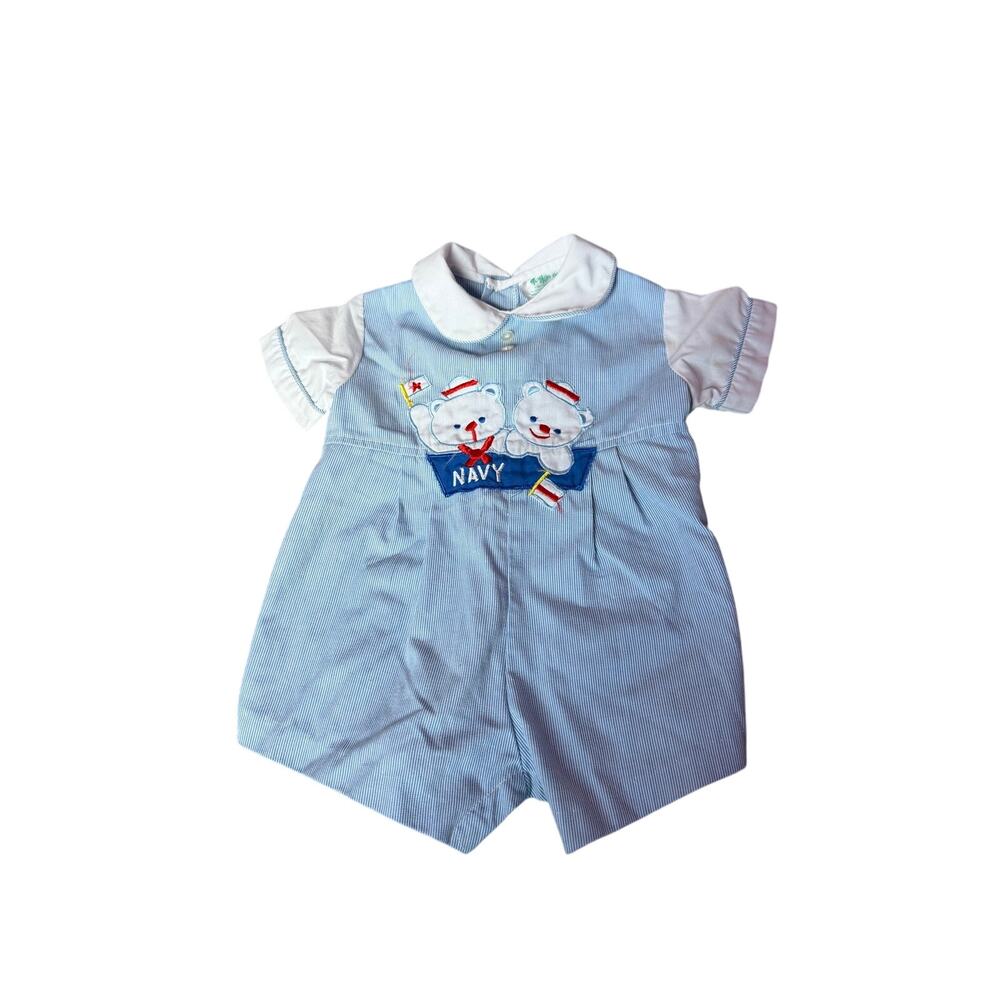 Vintage Tiny Tots Original Nautical Teddy Bear Seersucker Romper 6-9M